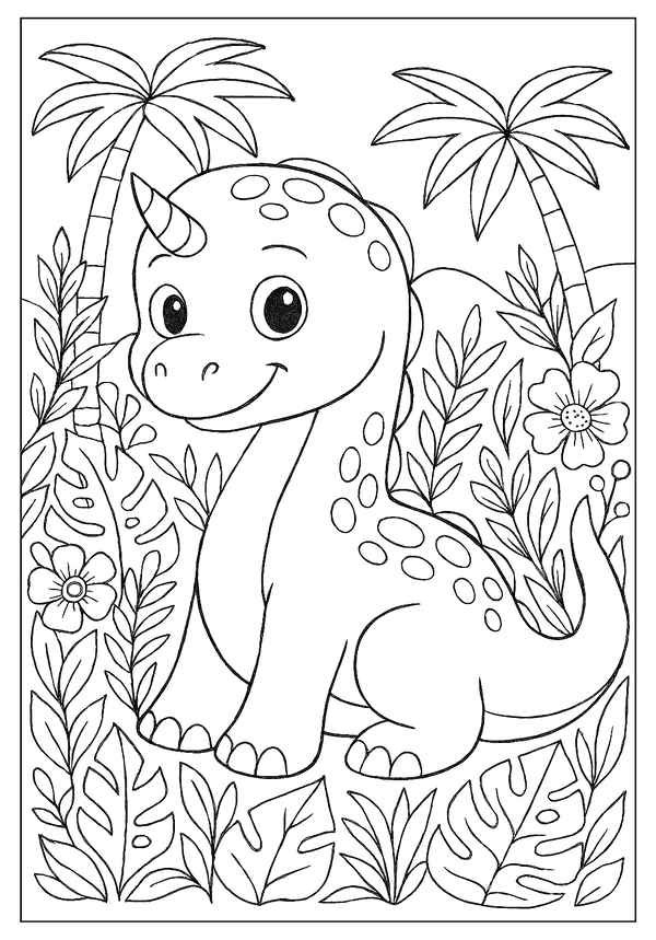 Adorable baby dinosaur coloring page sitting happily among tropical plants, leaves, and palm trees.