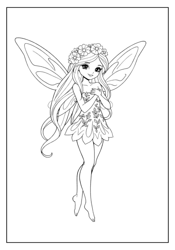 Beautiful fairy coloring page with large delicate wings, a floral crown, and a leaf-patterned dress.