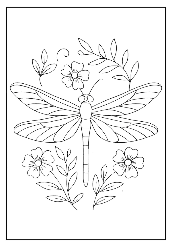 Detailed dragonfly coloring page with large, segmented wings surrounded by leaves and floral designs.