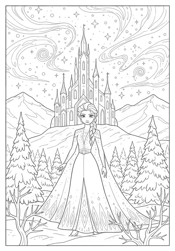 Detailed Frozen 2 coloring page of Elsa in her white dress standing before her ice castle.