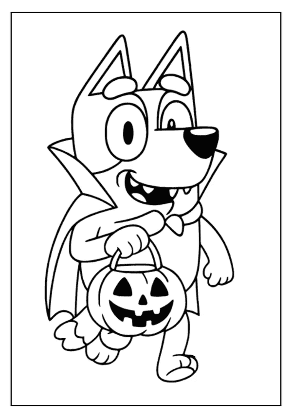Fun Halloween coloring page of Bluey the cartoon dog dressed as a vampire, holding a pumpkin.
