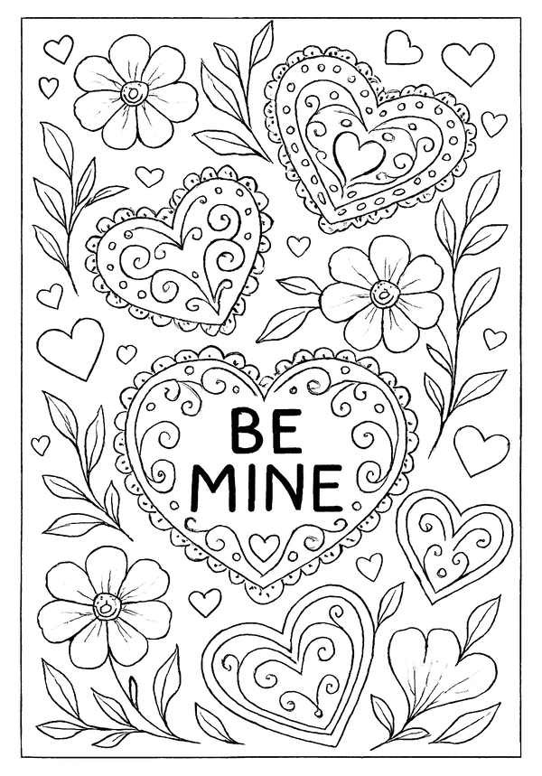 Intricate hearts and flowers coloring page with a central 'Be Mine' message for Valentine's Day.