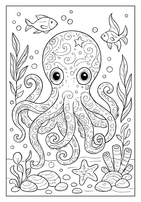Intricate octopus coloring page with swirly patterns, surrounded by rocks, sea plants, and fish.