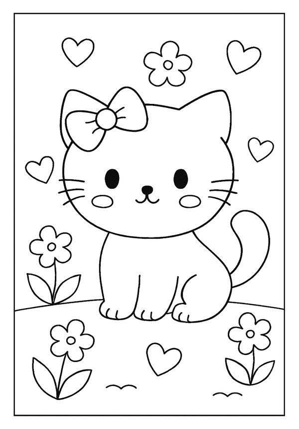 Sweet kitten coloring page sitting in a garden with a big bow, surrounded by hearts and flowers.