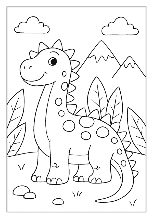 Cute dinosaur coloring page of a happy long-necked baby sauropod in a prehistoric landscape.