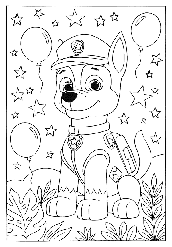 Cute Paw Patrol coloring page of Chase the police pup surrounded by stars and balloons for a party.