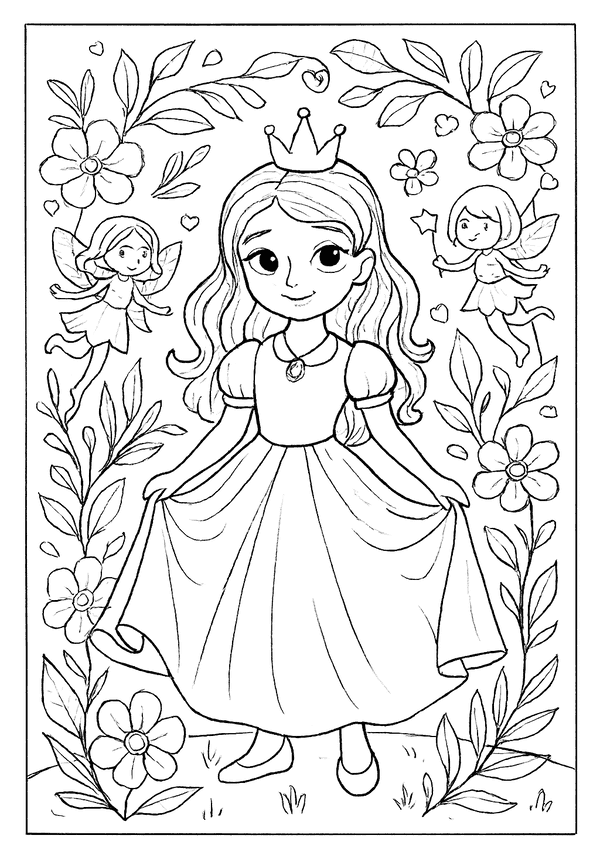 Beautiful princess coloring page standing in a garden with fluttering fairies, crowns, and flowers.