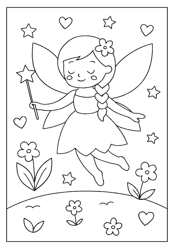 Simple fairy coloring page for toddlers, showing a sweet flying fairy with a magic wand and stars.