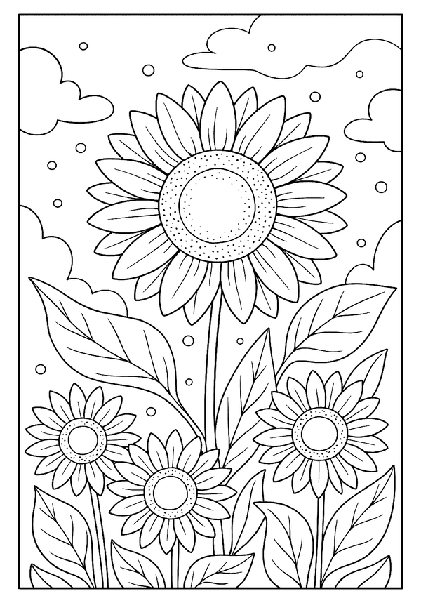 Beautiful sunflower field coloring page showing a large bloom with smaller flowers, clouds, and bubbles.