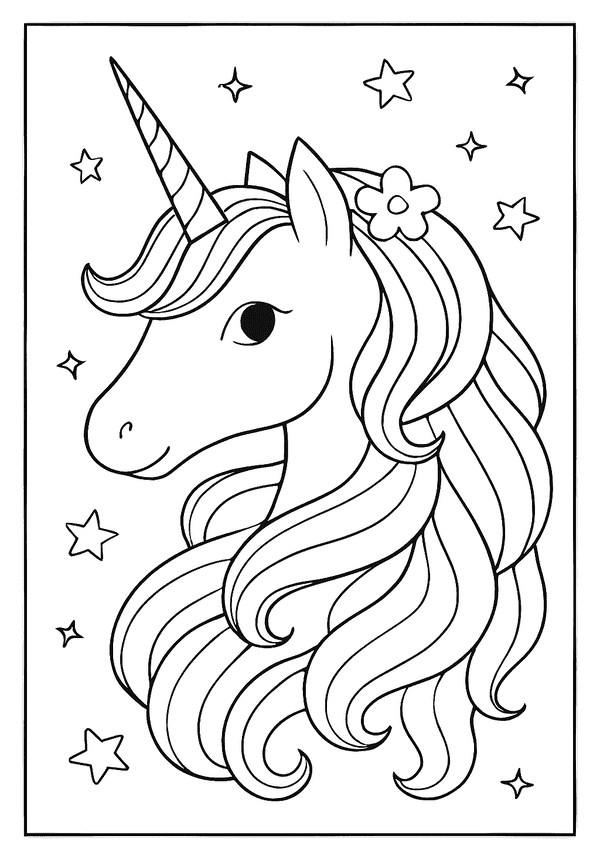 Magical unicorn coloring page showing a close-up portrait with a floral headband, mane, and stars.