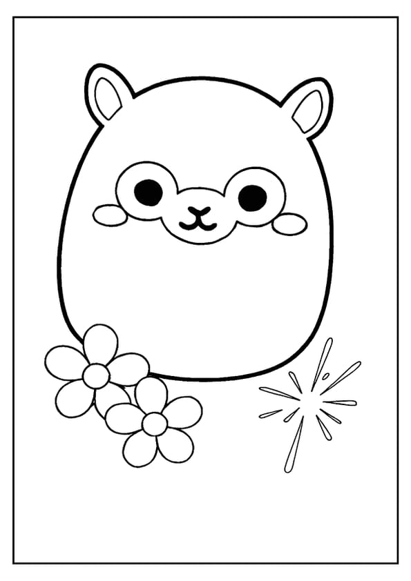 An adorable alpaca Squishmallow coloring page with big eyes and cute ears.