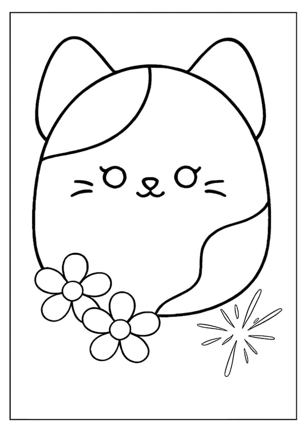 An adorable cat Squishmallow coloring page with whiskers and distinct spots.