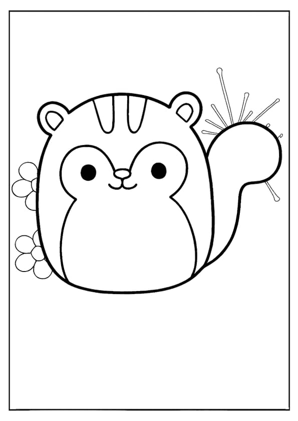 An adorable chipmunk Squishmallow coloring page with stripes, flowers, and a fluffy tail.