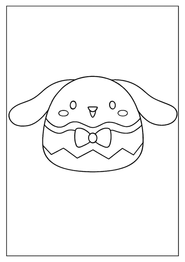 An adorable Easter bunny Squishmallow coloring page with floppy ears and a bow tie.