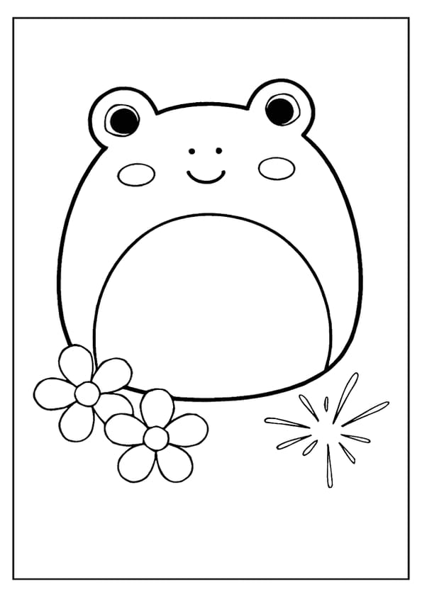 An adorable frog Squishmallow coloring page with big eyes and a wide smile.