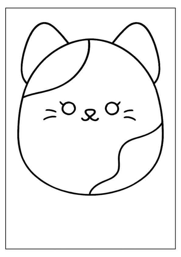 A sweet Squishmallow cat head coloring page with spots and whiskers.