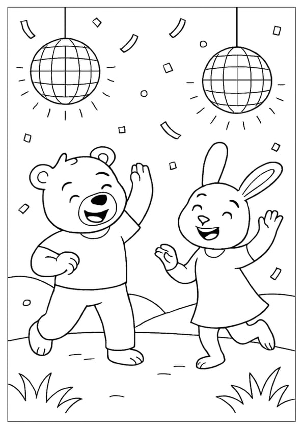 Bear And Bunny Dancing Under Disco Balls With Confetti For A Happy New Year Coloring Page.