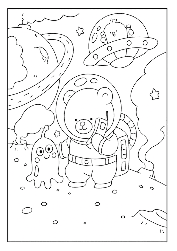 Coco Wyo the bear astronaut explores a planet with a friendly alien and a chick in a UFO.