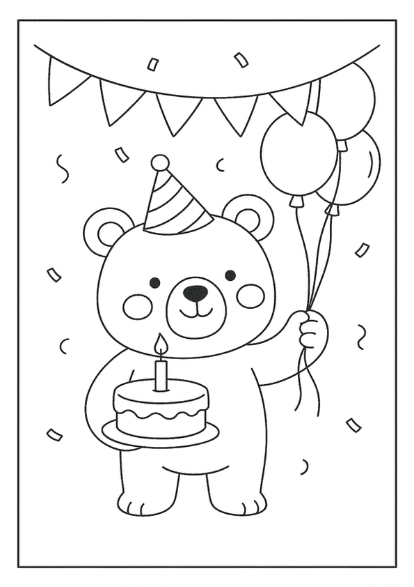 An Adorable Teddy Bear Coloring Page In A Party Hat, Holding A Birthday Cake And Balloons.