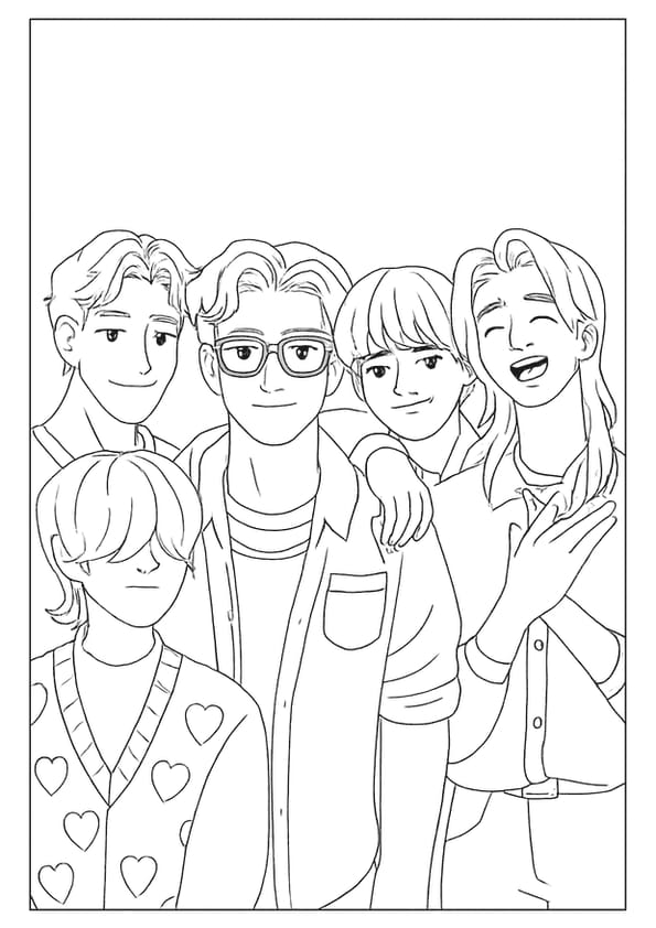 Group of smiling boys taking a close-up selfie in a Kpop Demon Hunter coloring page.