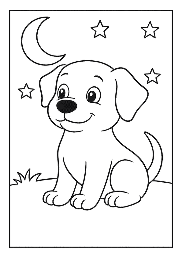 A calm, smiling dog sitting peacefully under a crescent moon and twinkling stars. A serene Dog coloring page.