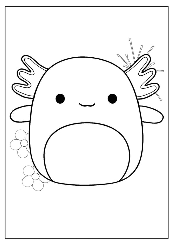A cheerful axolotl Squishmallow coloring page with frilly gills and blooming flowers.