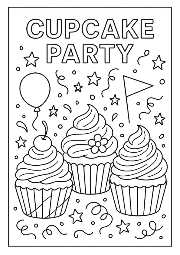 Three Decorated Cupcakes Coloring Page With Party Elements Like Stars, Confetti, And A Balloon.