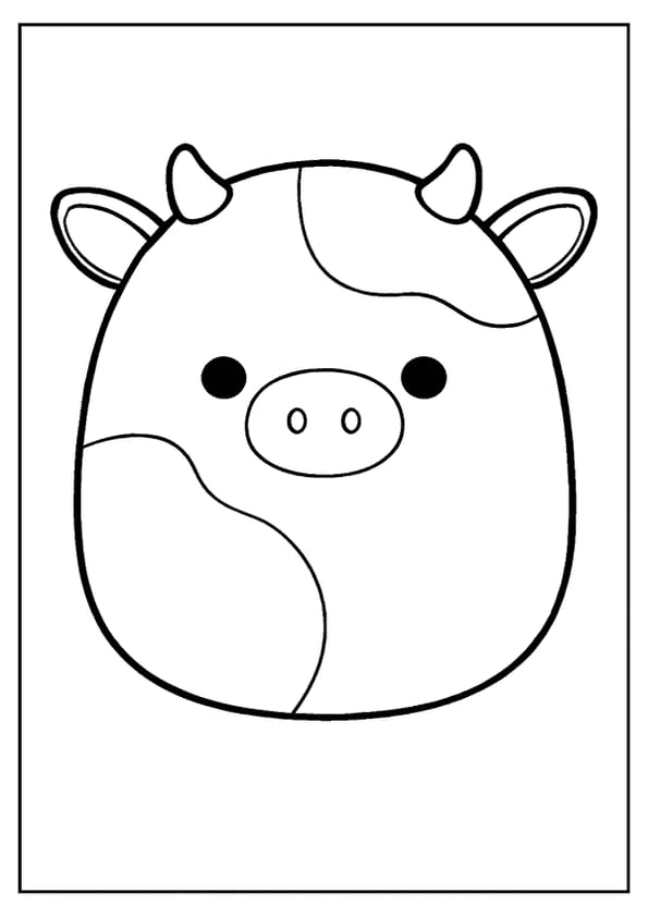 A cute cow Squishmallow coloring page with spots and little horns.