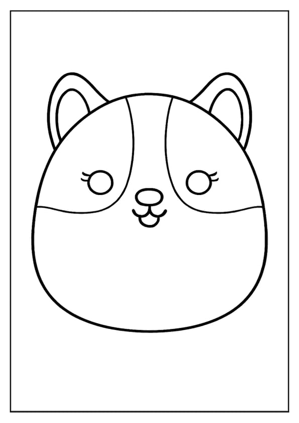 A cute Squishmallow coloring page featuring a kawaii-style animal face with large eyes and a friendly smile.