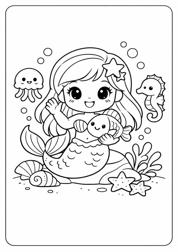 Cute Mermaid Coloring Page For Children