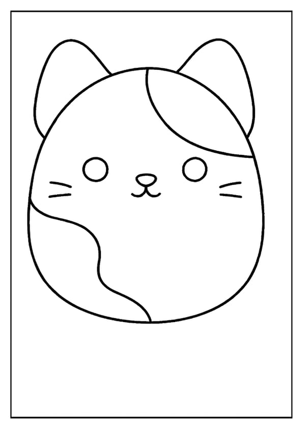 A Squishmallow coloring page featuring a cute cat with spots, perfect for kids.