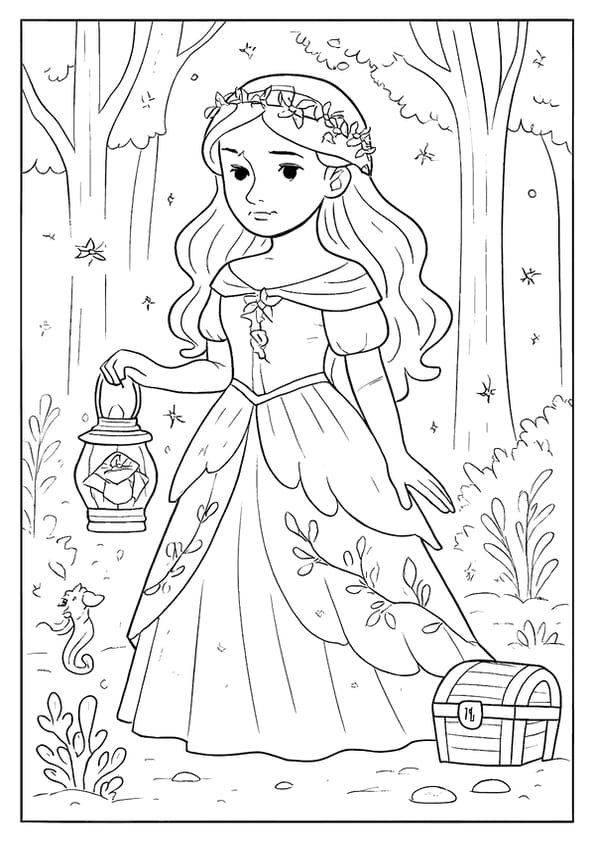 A beautiful princess walking through the forest with a lantern.