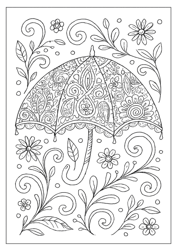 Floral umbrella rain pattern coloring page with swirls.
