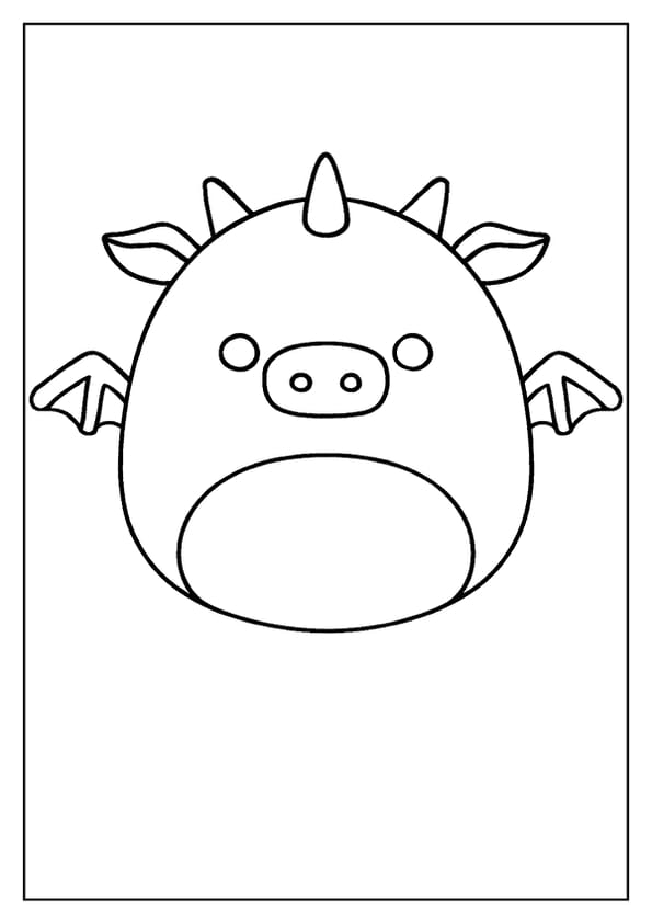 A friendly dragon Squishmallow coloring page, a mythical beast with horns and big round eyes.