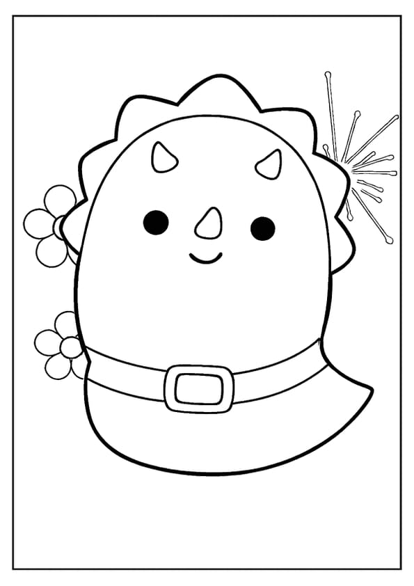 A friendly dinosaur Squishmallow coloring page, a triceratops with flowers and a frilly head.