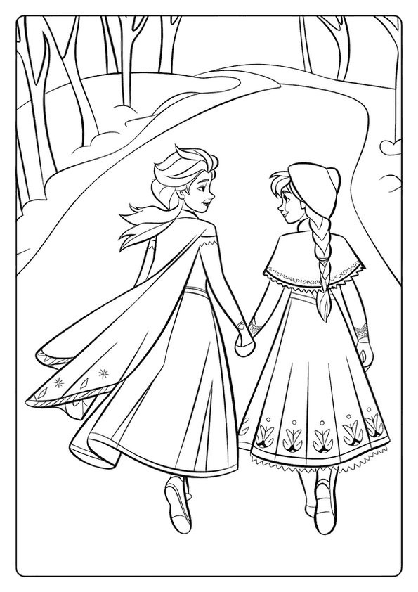 Elsa Coloring Page With Her Sister Anna Walking Hand-in-hand Down A Peaceful, Sunlit Forest Path.