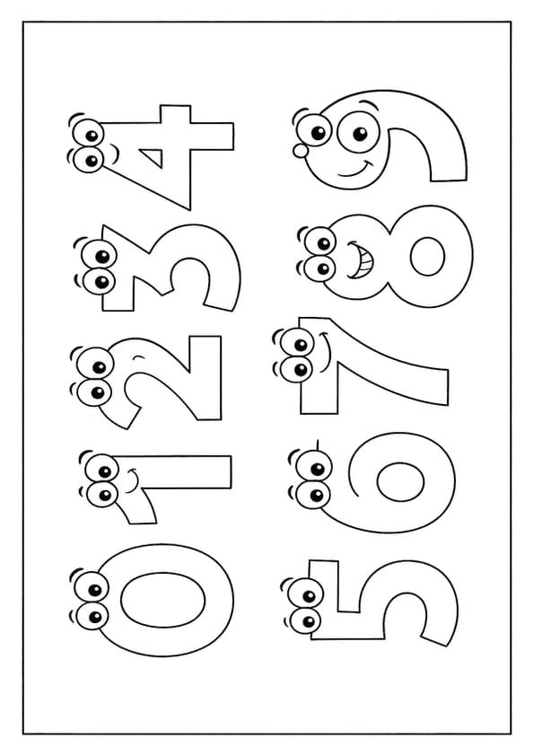 A number coloring page showing ten cheerful digit characters from 0 to 9, each with a playful grin.