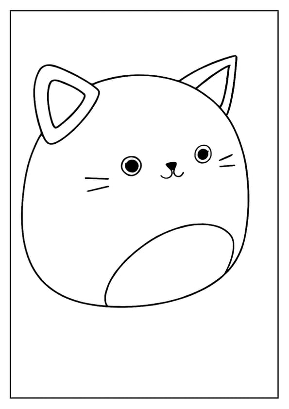 A Squishmallow coloring page of a cat's head with a gentle expression, big round eyes, and tiny whiskers.