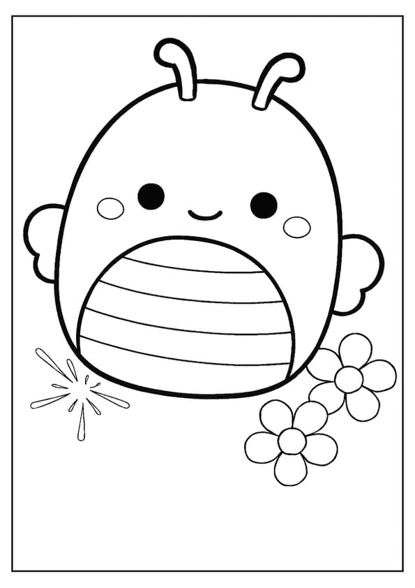 A smiling bee Squishmallow coloring page, a cute insect with stripes and wings.