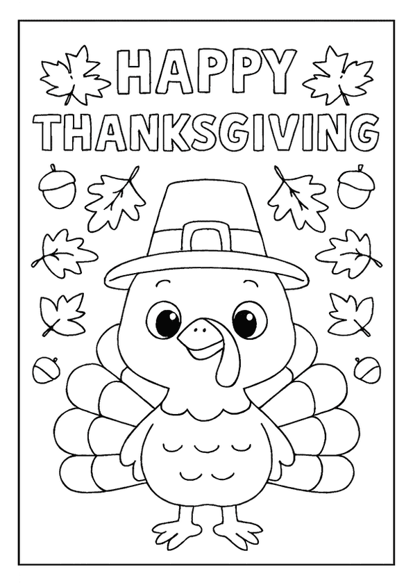 Cute Thanksgiving Page Showing A Happy Cartoon Turkey Wearing A Large Pilgrim Hat, Surrounded By Leaves.