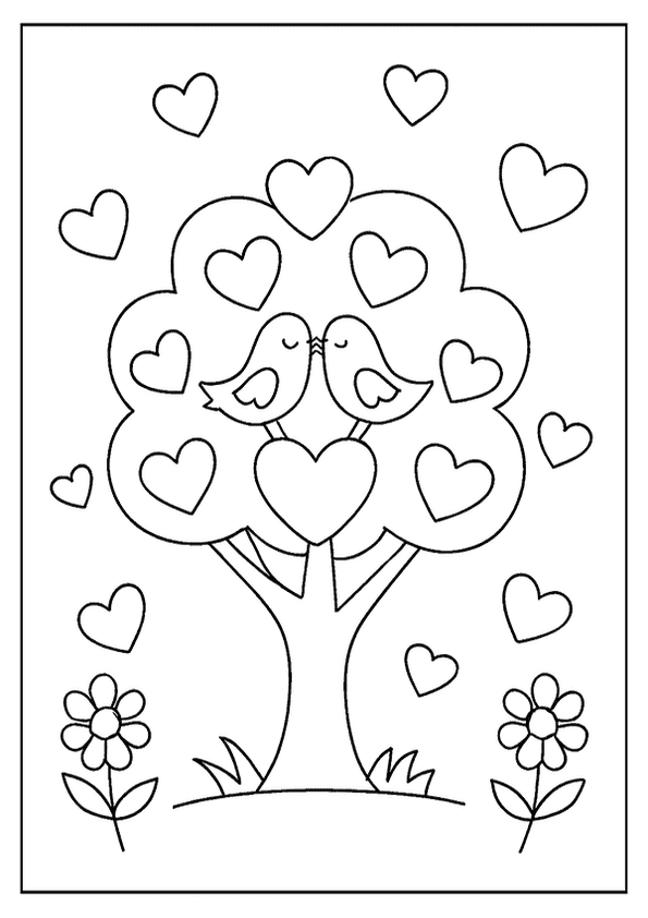 Heart tree with lovebirds and floating hearts, a beautiful Valentine's Day coloring page.