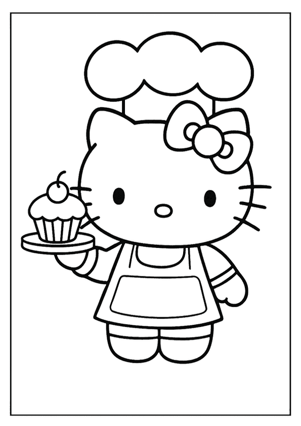 A Cute Hello Kitty Chef Coloring Page. She Is Wearing A Hat And Holding A Yummy Frosted Cupcake.