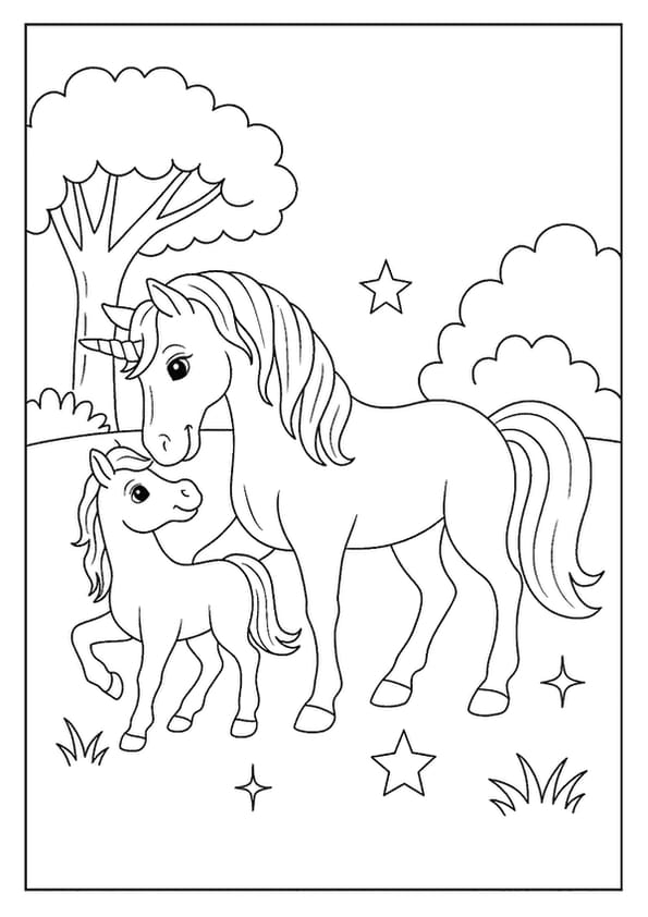 Unicorn horse family scene coloring page with parent and foal.
