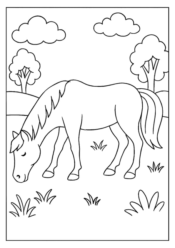 Horse grazing field coloring page with trees and clouds.