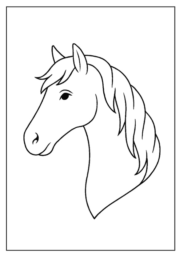 Elegant horse head coloring page with flowing mane.
