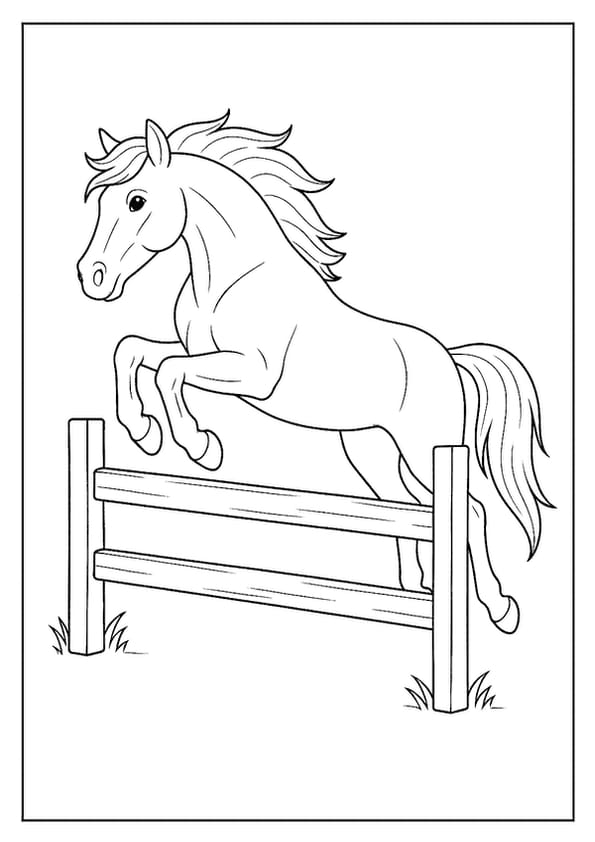 Horse jumping fence coloring page, an athletic scene.