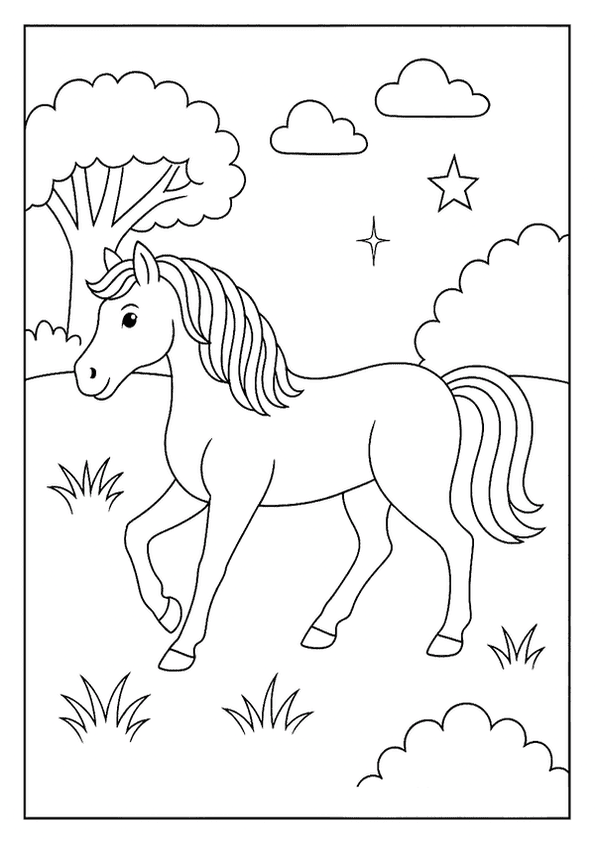 Horse trotting in a nature background, perfect for a peaceful coloring session.