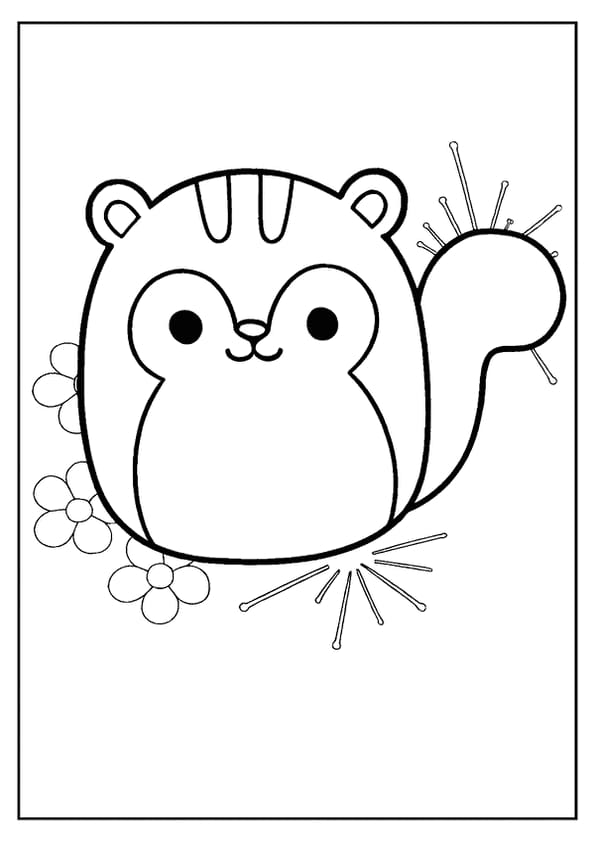 A joyful Squishmallow chipmunk coloring page, complete with stripes and a fluffy tail.