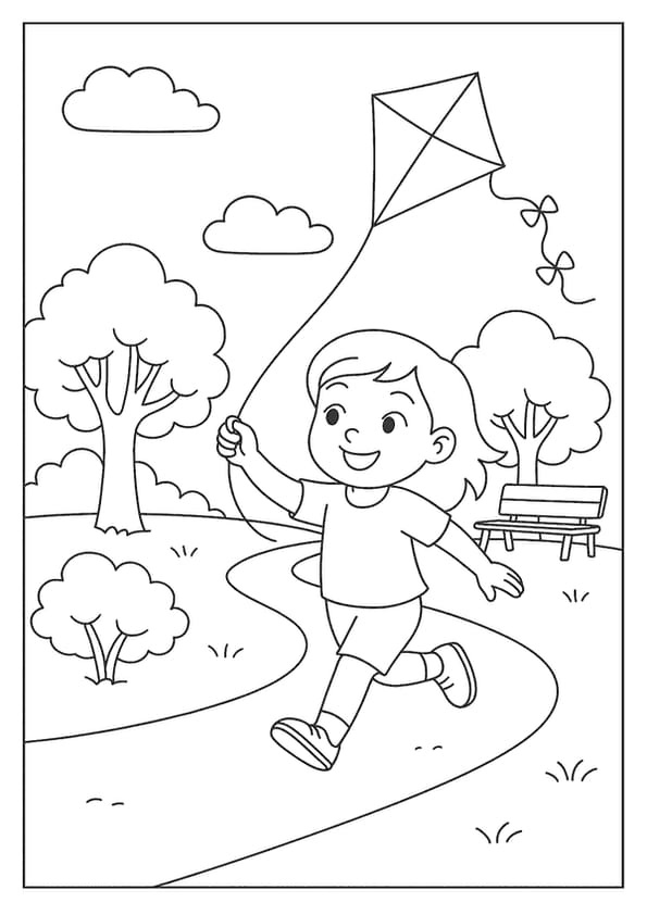 A happy child runs through a park, flying a kite on a sunny day.