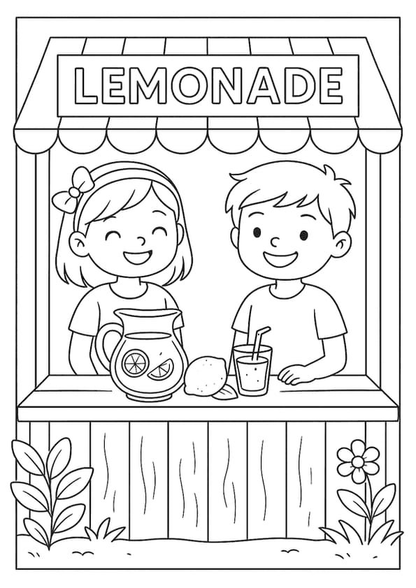Two happy kids selling lemonade at a stand on a sunny day.